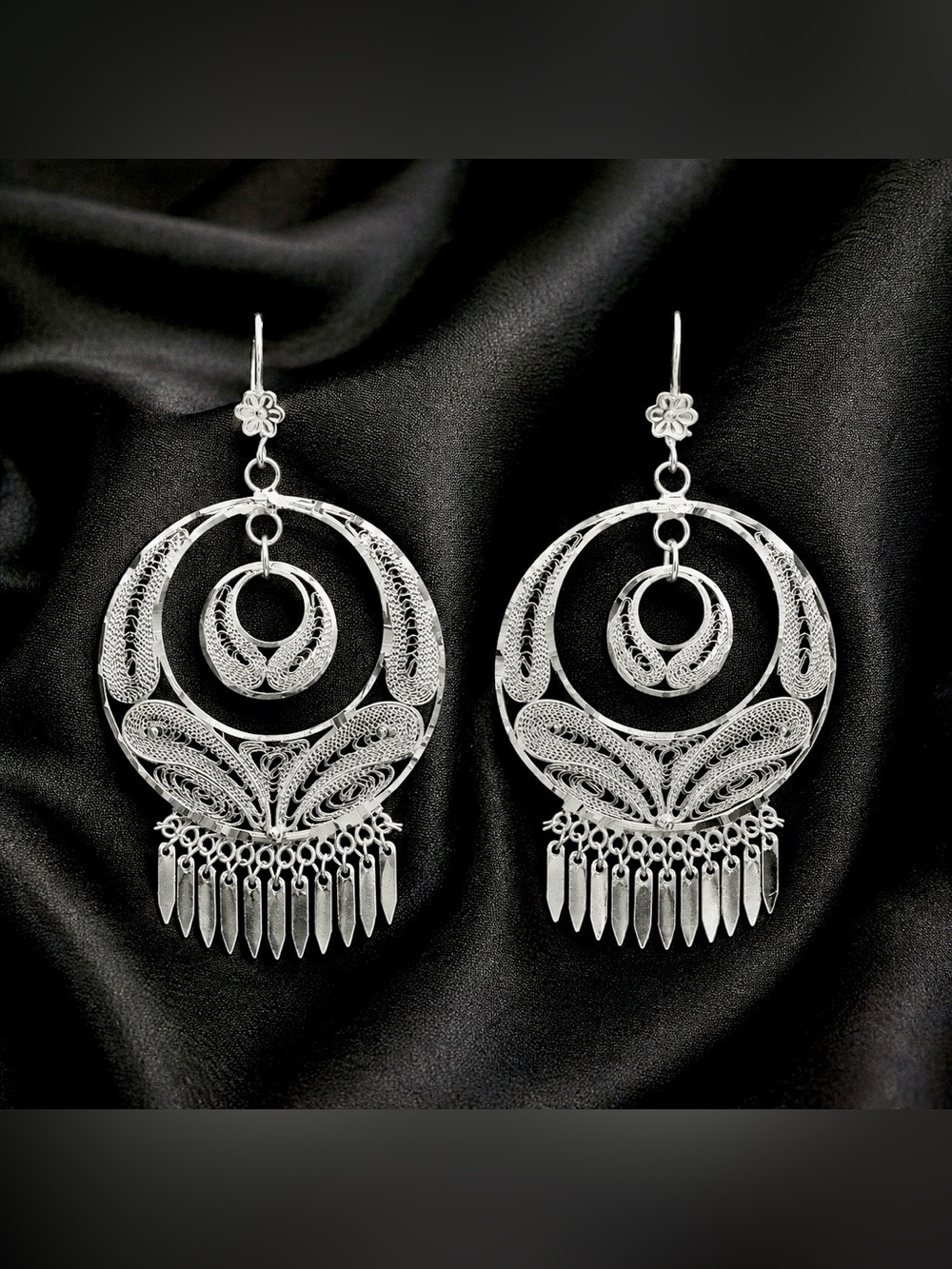 925 Sterling Silver Mexico Dangle Drop filigree Circle Hook Closure Signed 12.75